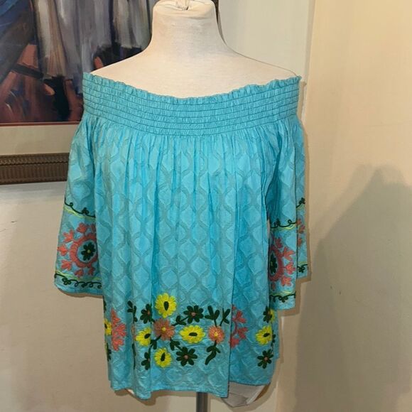 MODAPOSA Floral Embroidered Off-Shoulder Top - Blue Size Small - Picture 7 of 14
